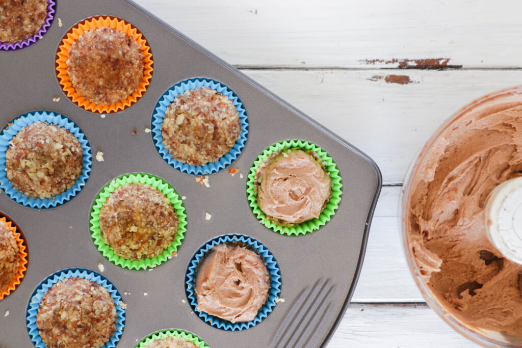 Chocolate Peanut Butter Ice Cream Cups; Vegan, dairy free and gluten free banana ice cream bites packed with cocoa and PB flavours.