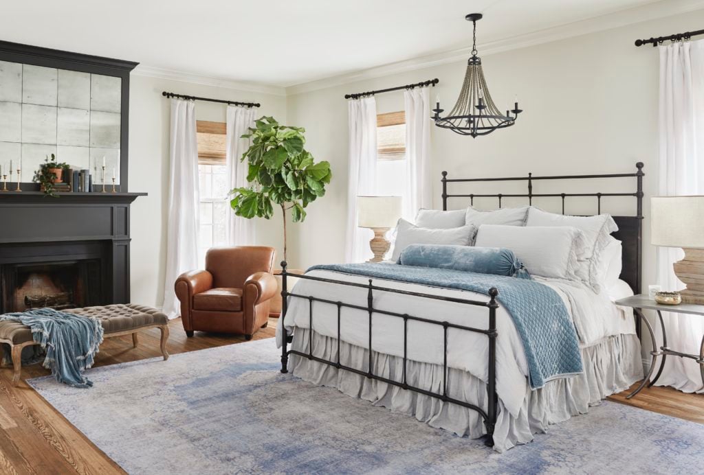 White farmhouse bedroom; Joanna Gaines Full Farmhouse Tour: Entire look inside Chip and Joanna Gaines's home