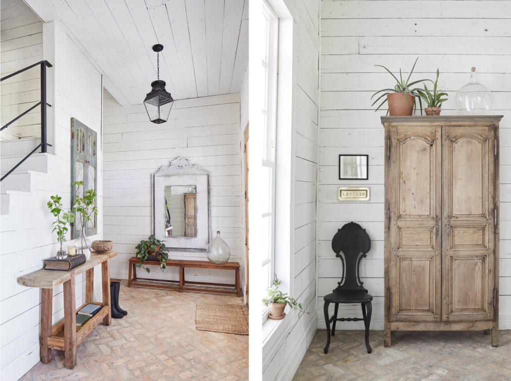 White farmhouse entrance way with white shiplap and antique furniture" Joanna Gaines Full Farmhouse Tour: Entire look inside Chip and Joanna Gaines's home