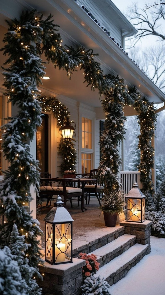 After Christmas winter front porch decor with snow-dusted evergreen garlands, warm lantern lighting, and a cozy covered porch