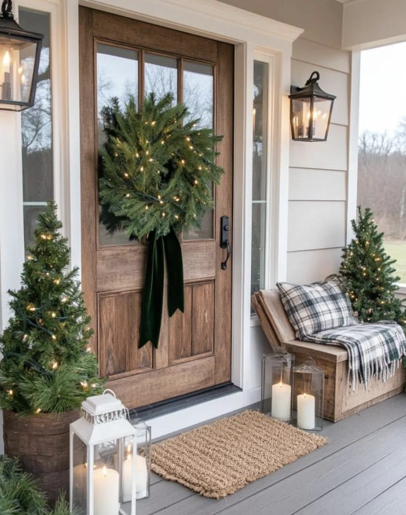 After Christmas winter front porch decor with a greenery wreath, small potted trees, lanterns, and a cozy bench