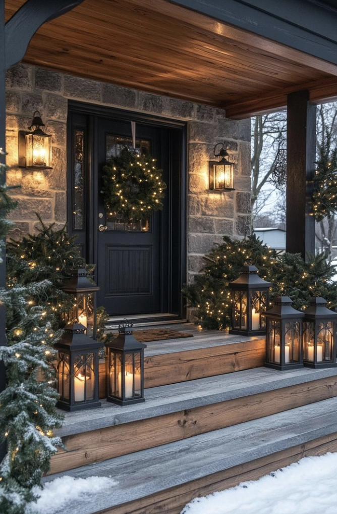 Cozy winter front porch decor with black lanterns, glowing candles, evergreen trees, and soft string lights on wooden steps
