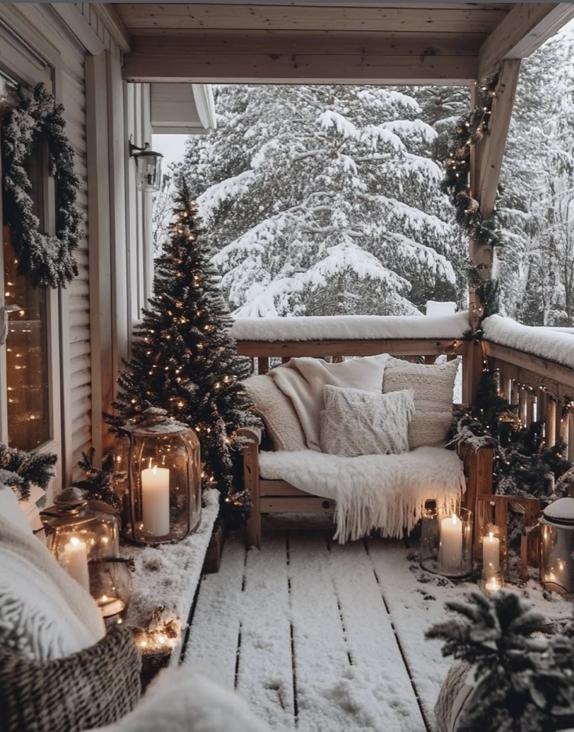 Cozy winter front porch decor with a wooden bench, knit pillows, lantern candles, and soft twinkle lights in the snow