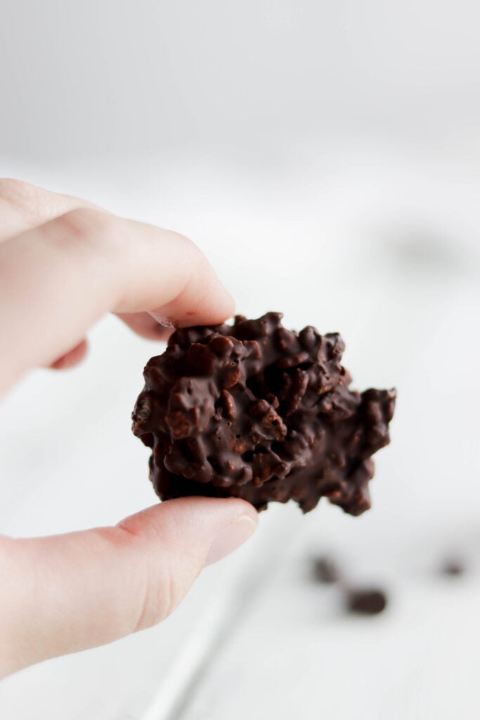 2 Ingredient Chocolate Rice Krispy Bites; A simple healthy dessert treat that is vegan, dairy free and guilt free! Made with only two ingredients, chocolate and brown rice krispie cereal!