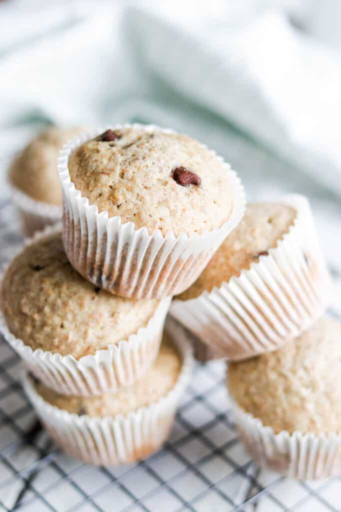 These Low Fat Chocolate Chip Banana Muffins are healthy, fluffy, naturally sweetened and bursting with banana and chocolate chip flavour! Enjoy a muffin for breakfast without all the added calories!
