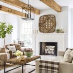 wood beams, white fireplace; Farmhouse Wall Decor Ideas