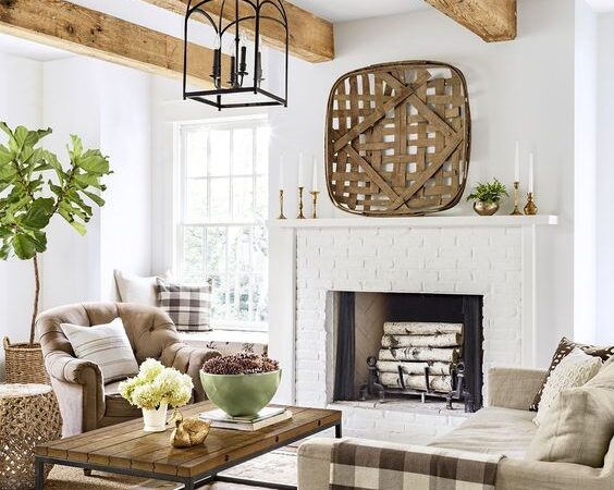 wood beams, white fireplace; Farmhouse Wall Decor Ideas