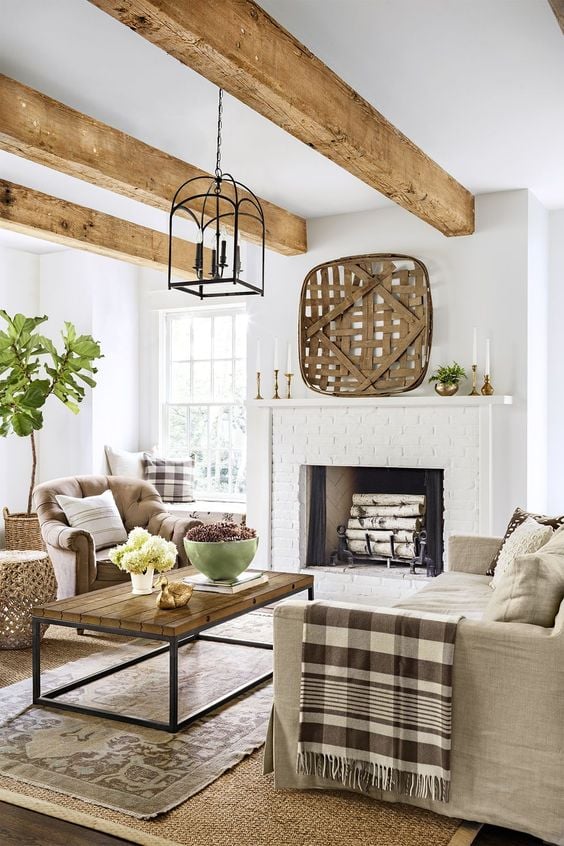 wood beams, white fireplace; Farmhouse Wall Decor Ideas