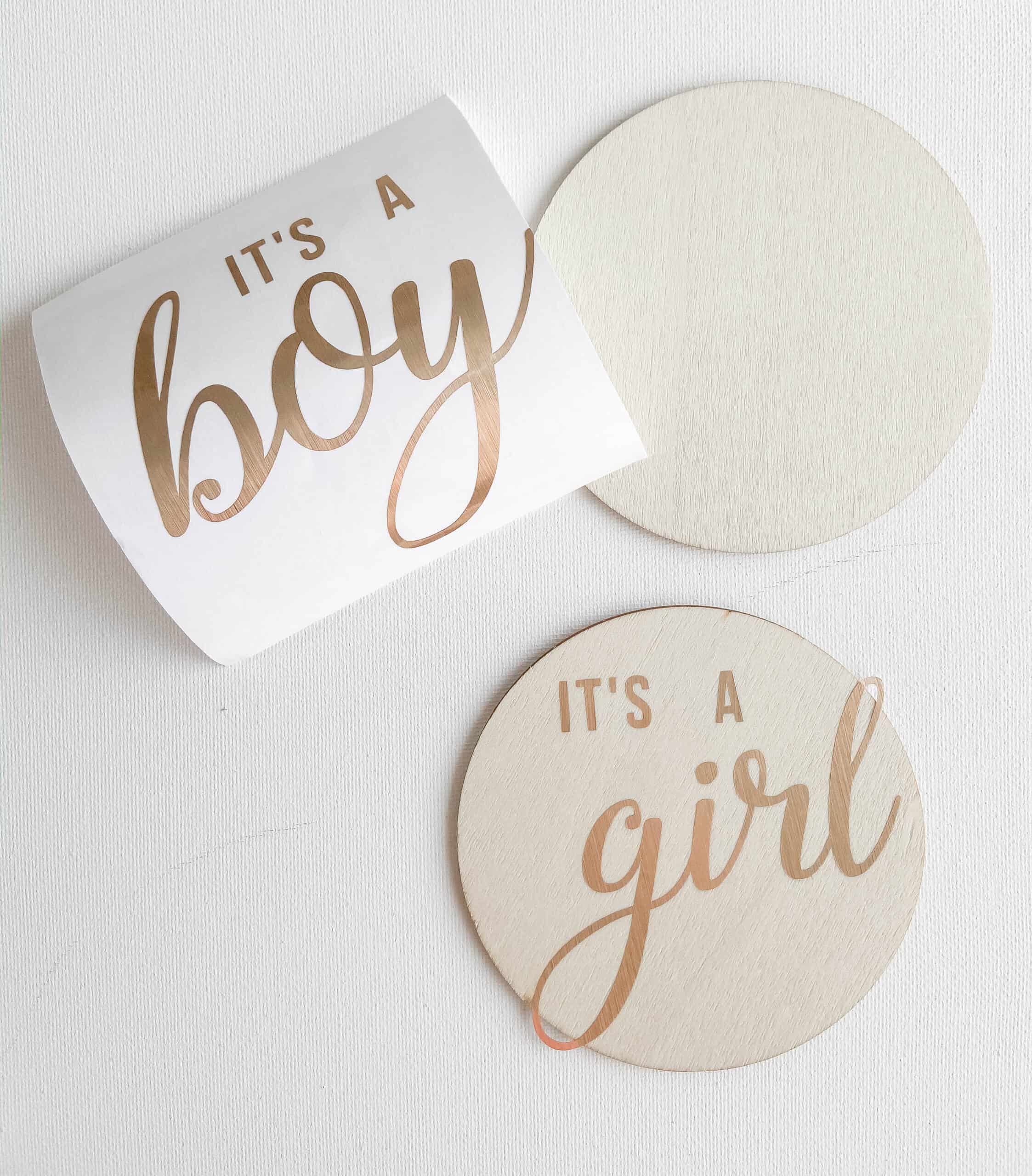 DIY Wooden Birth Announcement Signs; Wood discs with "It's A Boy" and "It's A Girl". Made with Cricut machine but can be made without!