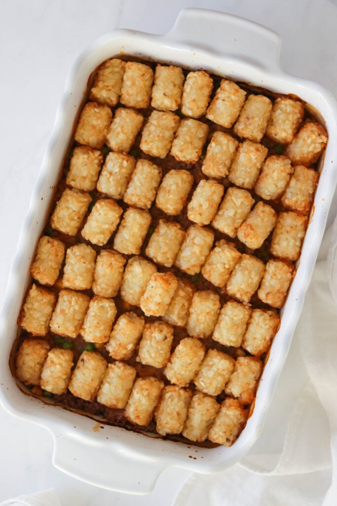 Dairy Free Tater Tot Casserole; Healthy version of the tater tot casserole! Lower calorie and no cheese or dairy used. Hearty dinner dish.