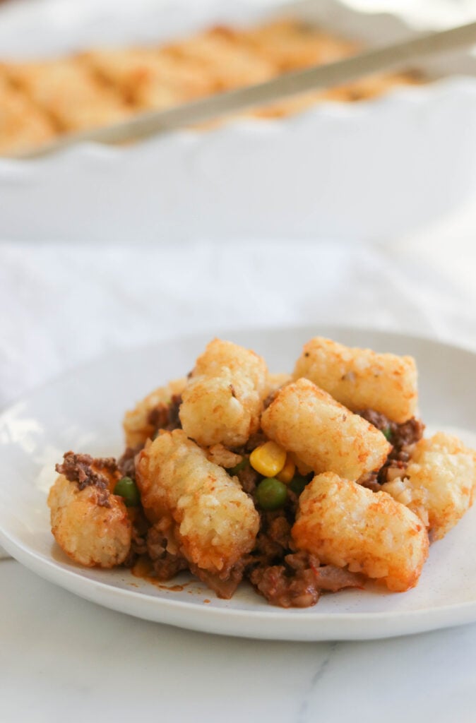 Dairy Free Tater Tot Casserole; Healthy version of the tater tot casserole! Lower calorie and no cheese or dairy used. Hearty dinner dish.