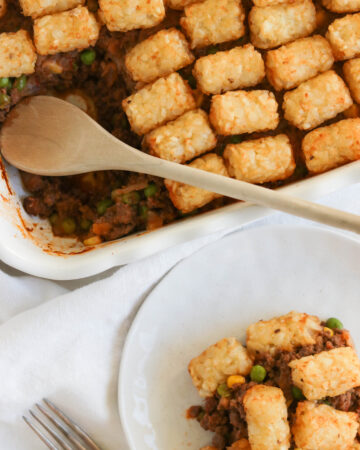 Dairy Free Tater Tot Casserole; Healthy version of the tater tot casserole! Lower calorie and no cheese or dairy used. Hearty dinner dish.