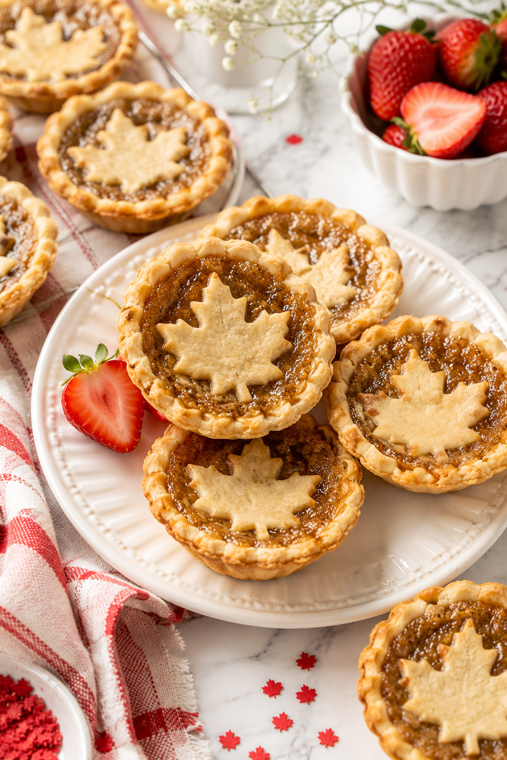 Canada Day food butter tarts topped with maple leaf pastry cutouts and styled with red and white strawberries for a festive Canadian dessert idea.