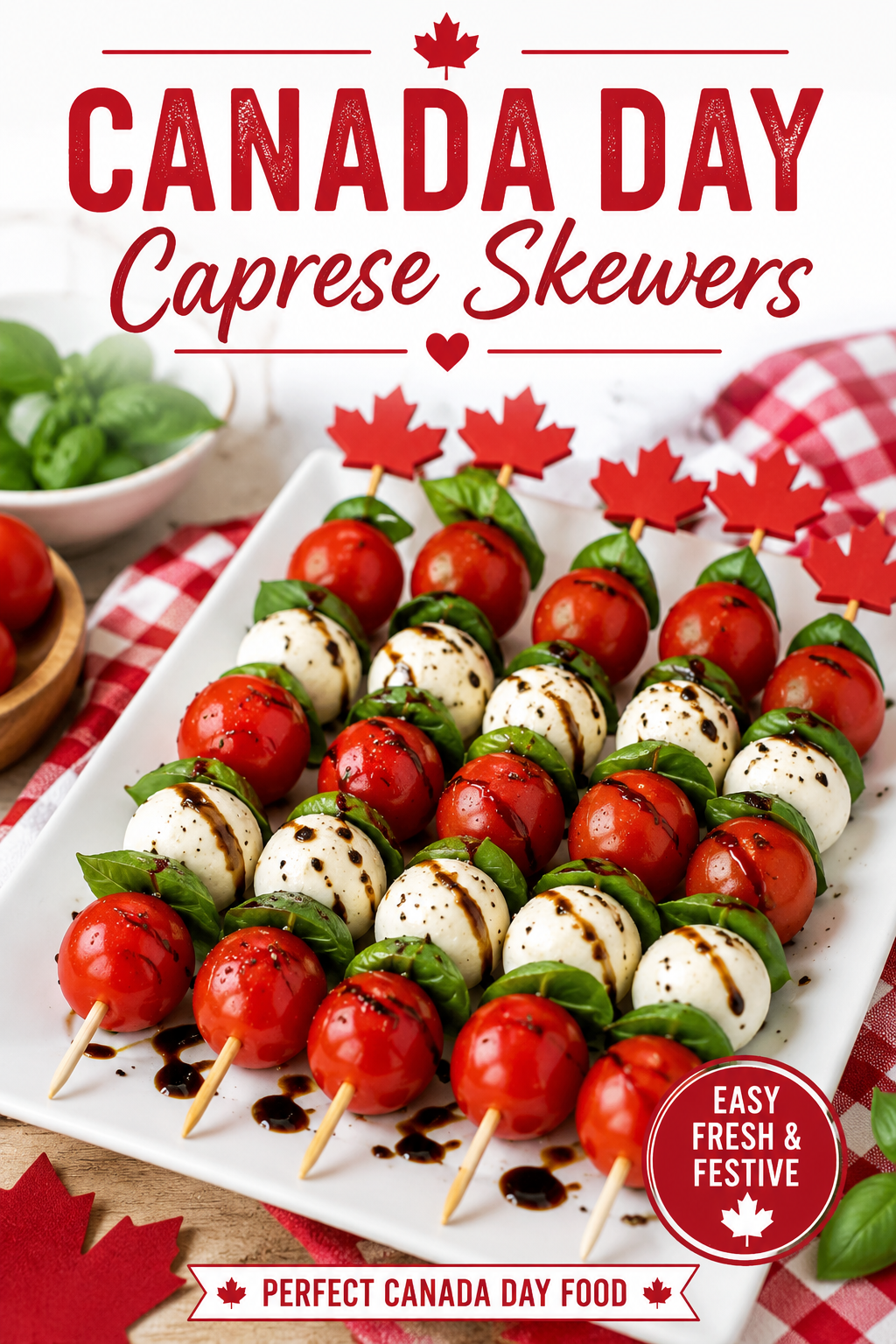 Canada Day food caprese skewers with cherry tomatoes, mozzarella, basil, and balsamic glaze served on a festive red and white platter.