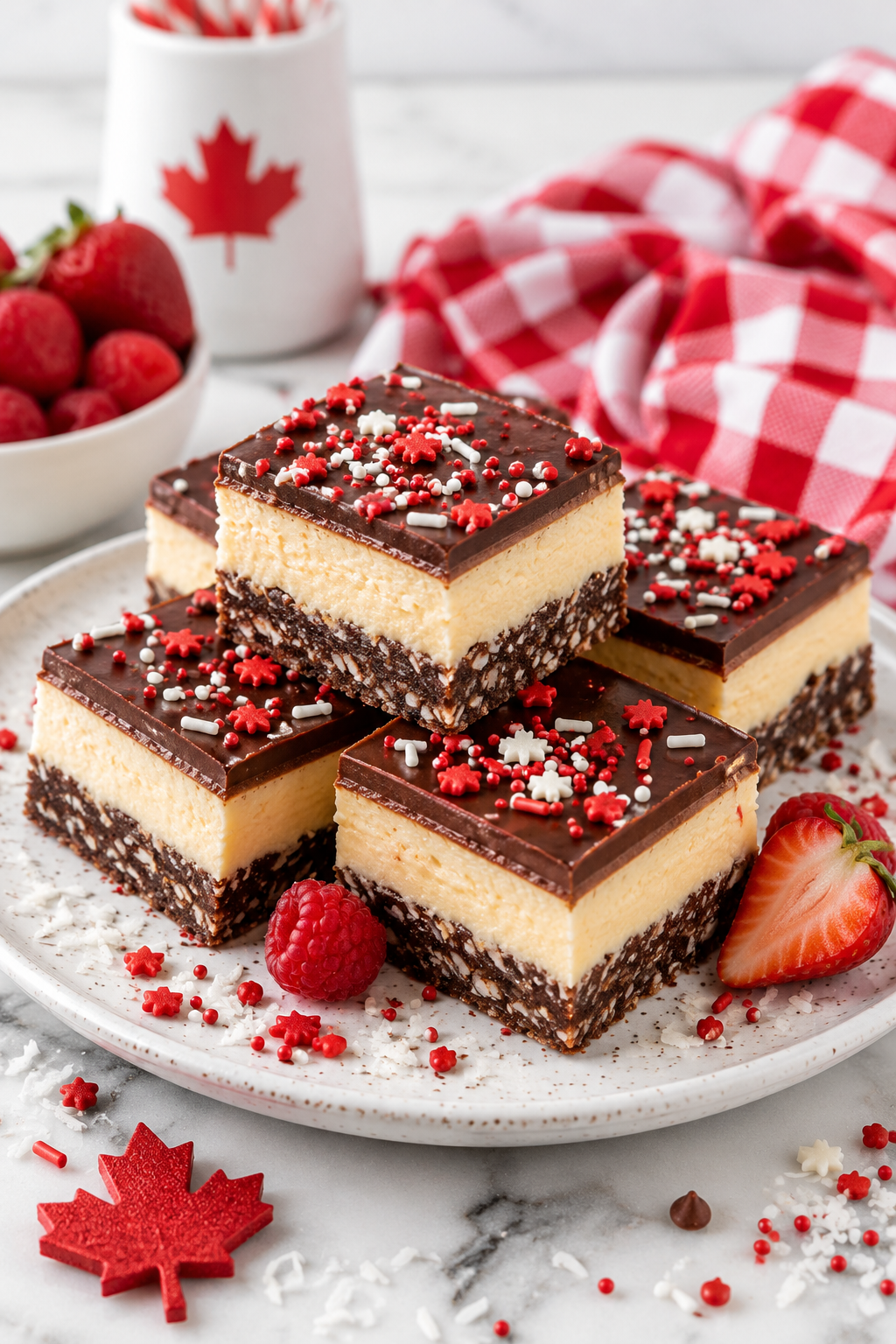 Canada Day food Nanaimo bars topped with red and white sprinkles on a festive dessert plate with strawberries and Canadian-inspired decor.