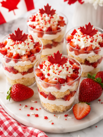 Canada Day food strawberry shortcake cups layered with vanilla cake, whipped cream, fresh strawberries, red and white sprinkles, and festive maple leaf toppers.