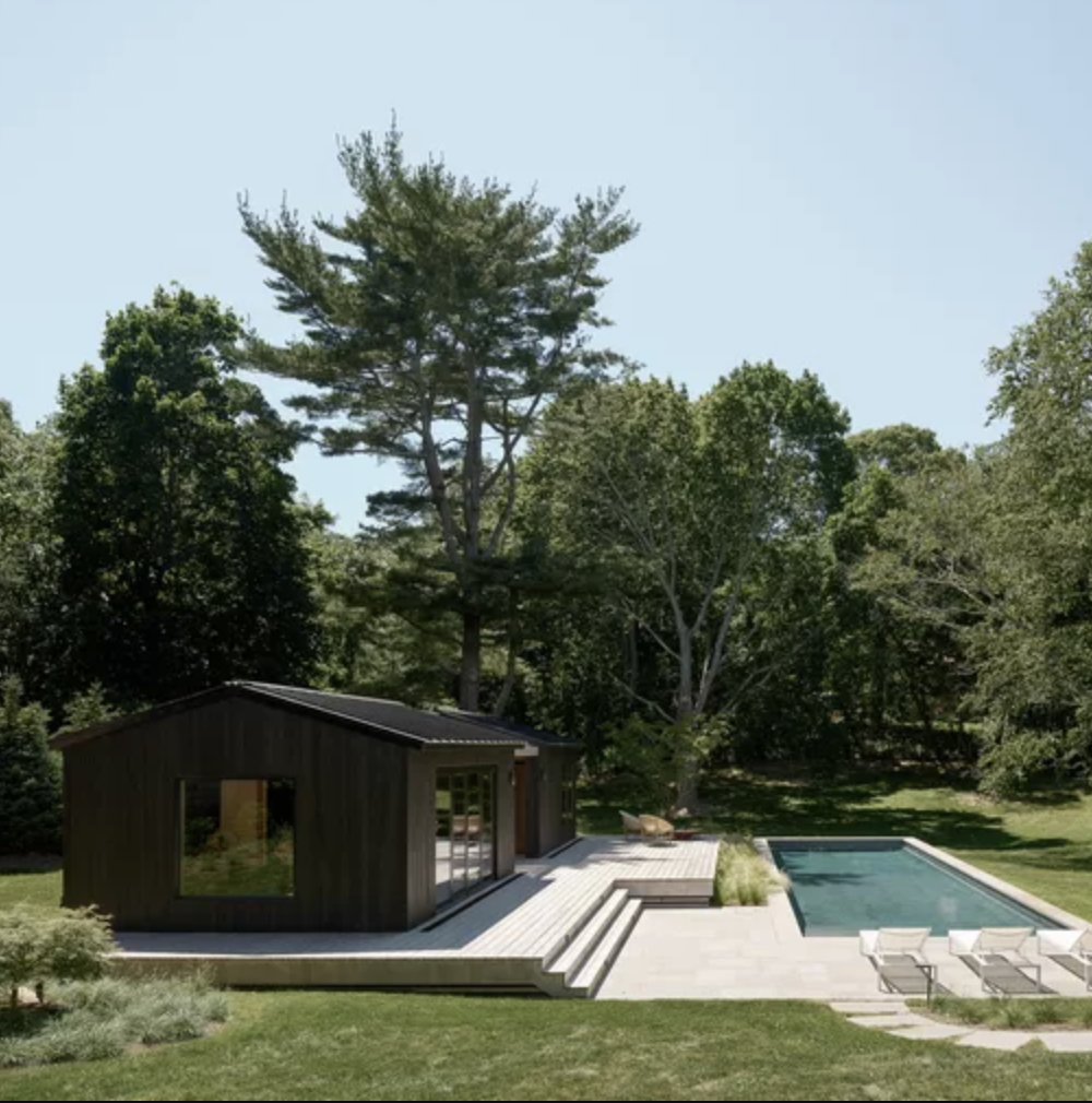 dark modern pool house with vertical wood siding beside a minimalist rectangular backyard pool surrounded by lush greenery