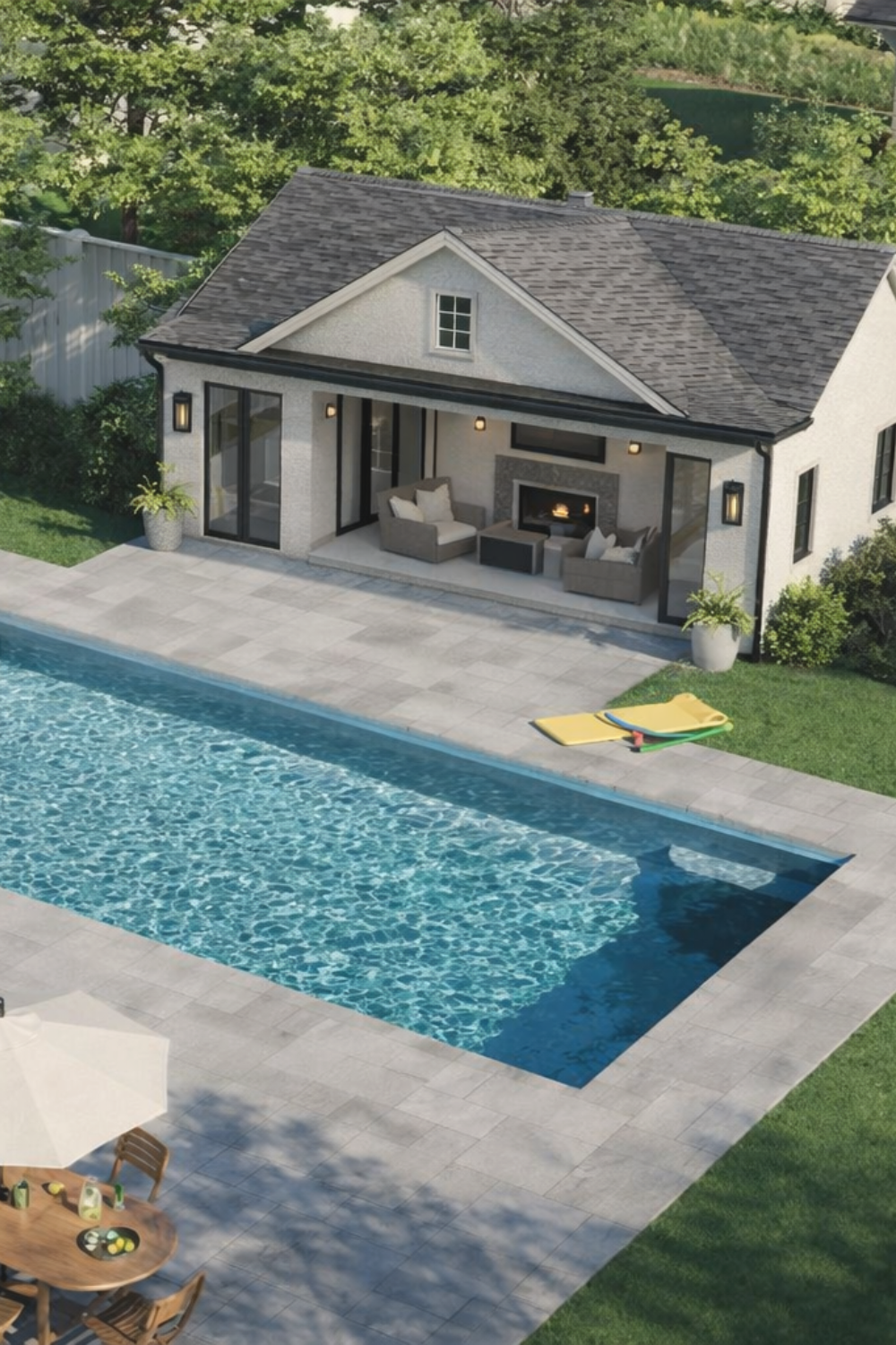 modern backyard pool house with sliding glass doors, fireplace lounge, and rectangular swimming pool