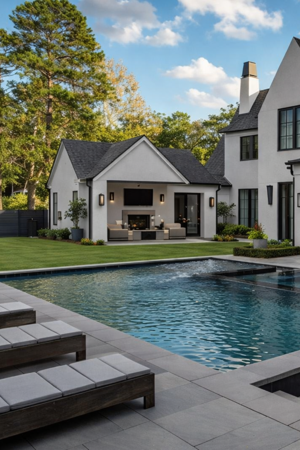 modern backyard pool house with covered patio, outdoor kitchen, and luxury swimming pool
