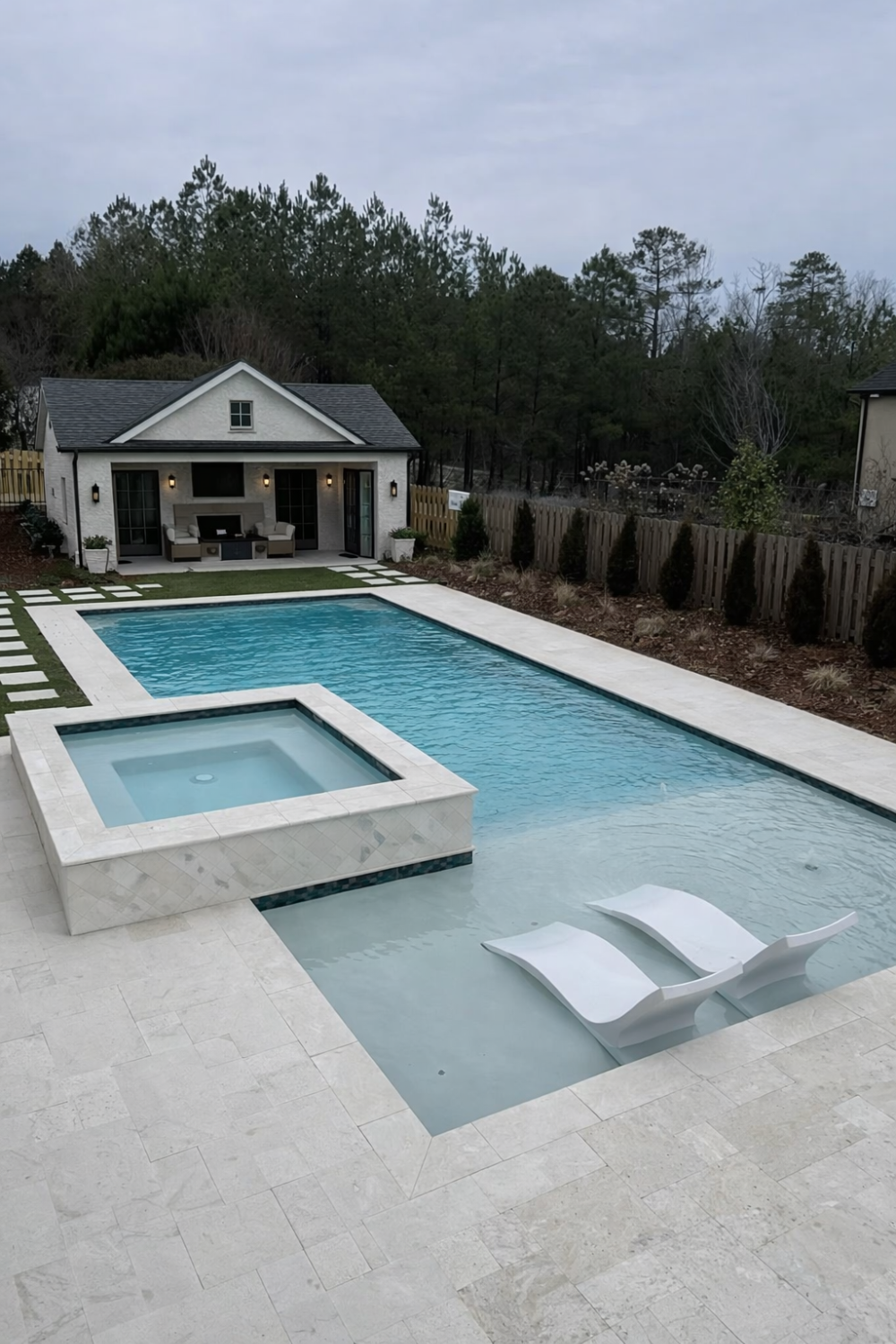 simple modern pool house with covered patio lounge and rectangular backyard swimming pool