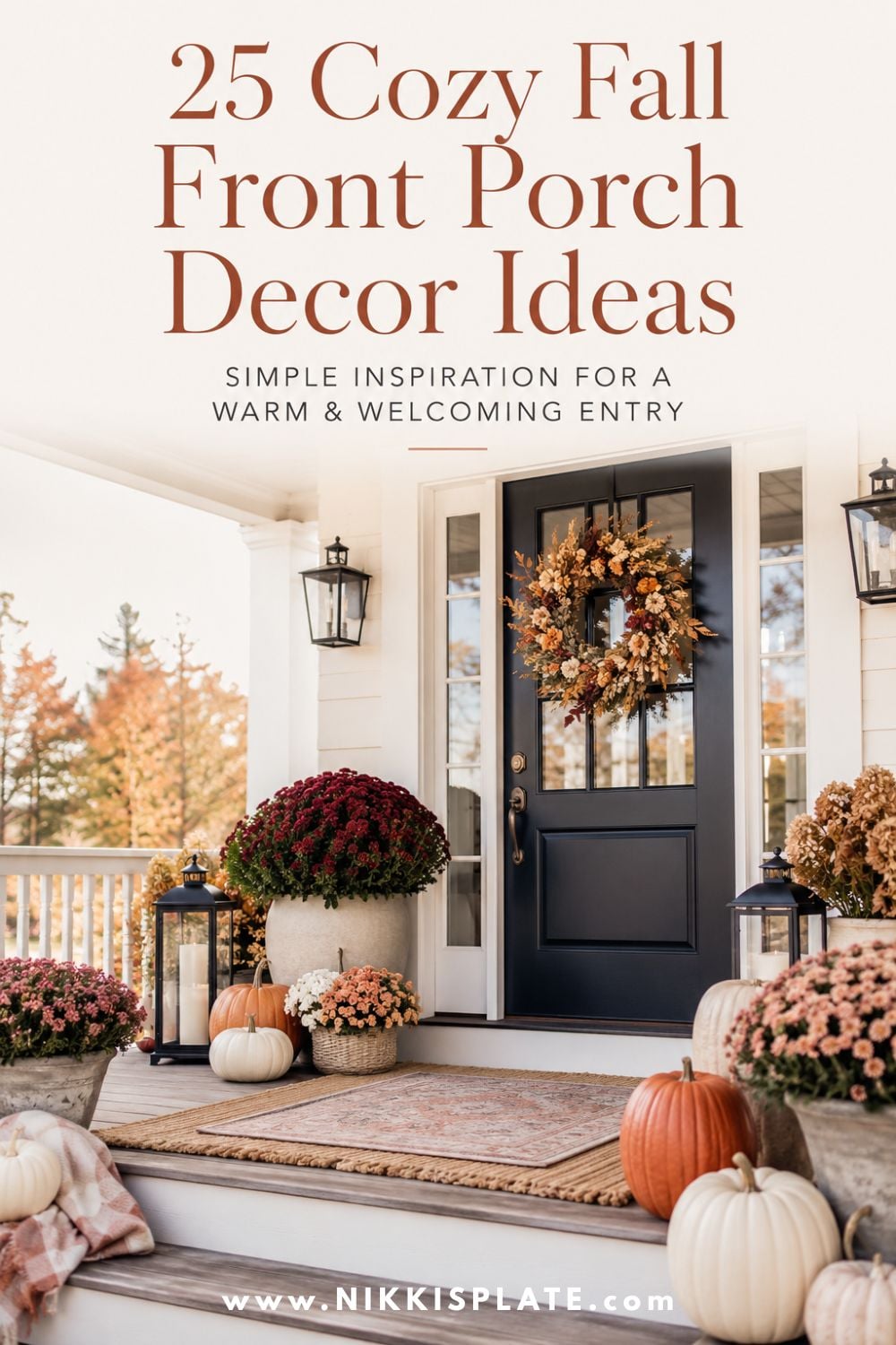 Cozy fall front porch decorated with pumpkins, mums, a seasonal wreath, layered doormats and black lanterns.