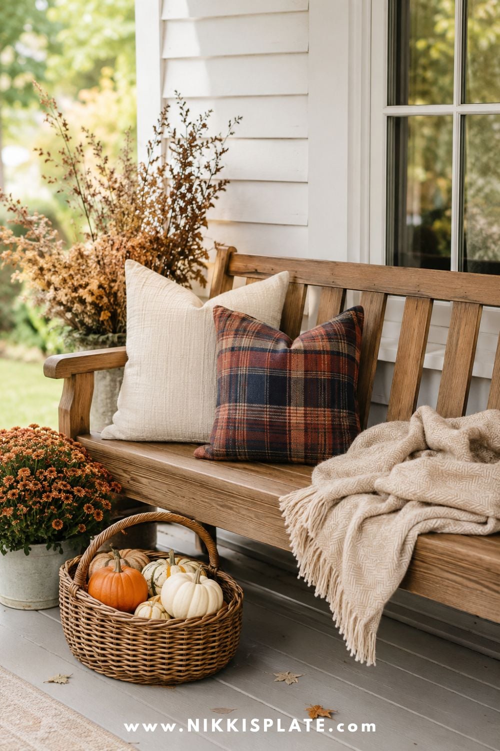 Wooden porch bench styled with cream and plaid pillows, a beige throw and a basket of small pumpkins.
