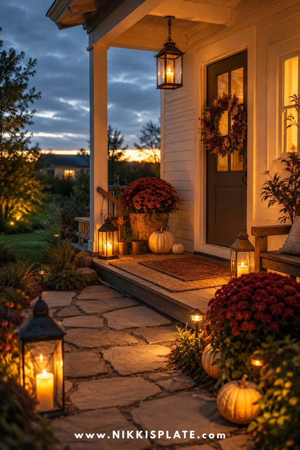 Fall front porch glowing at dusk with lanterns, pathway lights, cream pumpkins, burgundy mums and a seasonal wreath.
