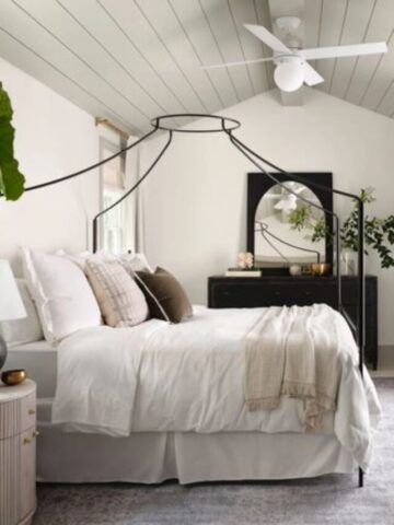 Best NEW bedrooms by Joanna Gaines from Fixer Upper; white bedroom, iron bed, shiplap