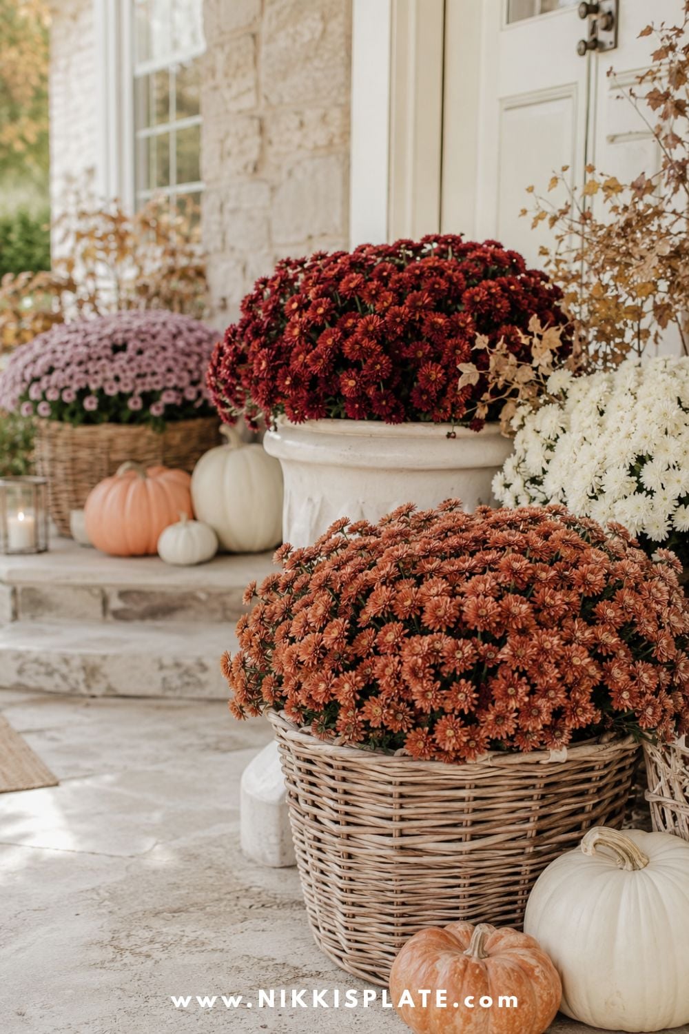 Fall front porch decorated with burgundy, rust, cream and mauve mums in woven baskets beside a neutral front door.