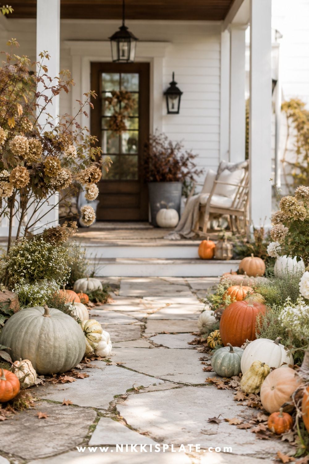 Fall front porch walkway lined with white, sage green, peach and muted orange pumpkins leading to a farmhouse door.