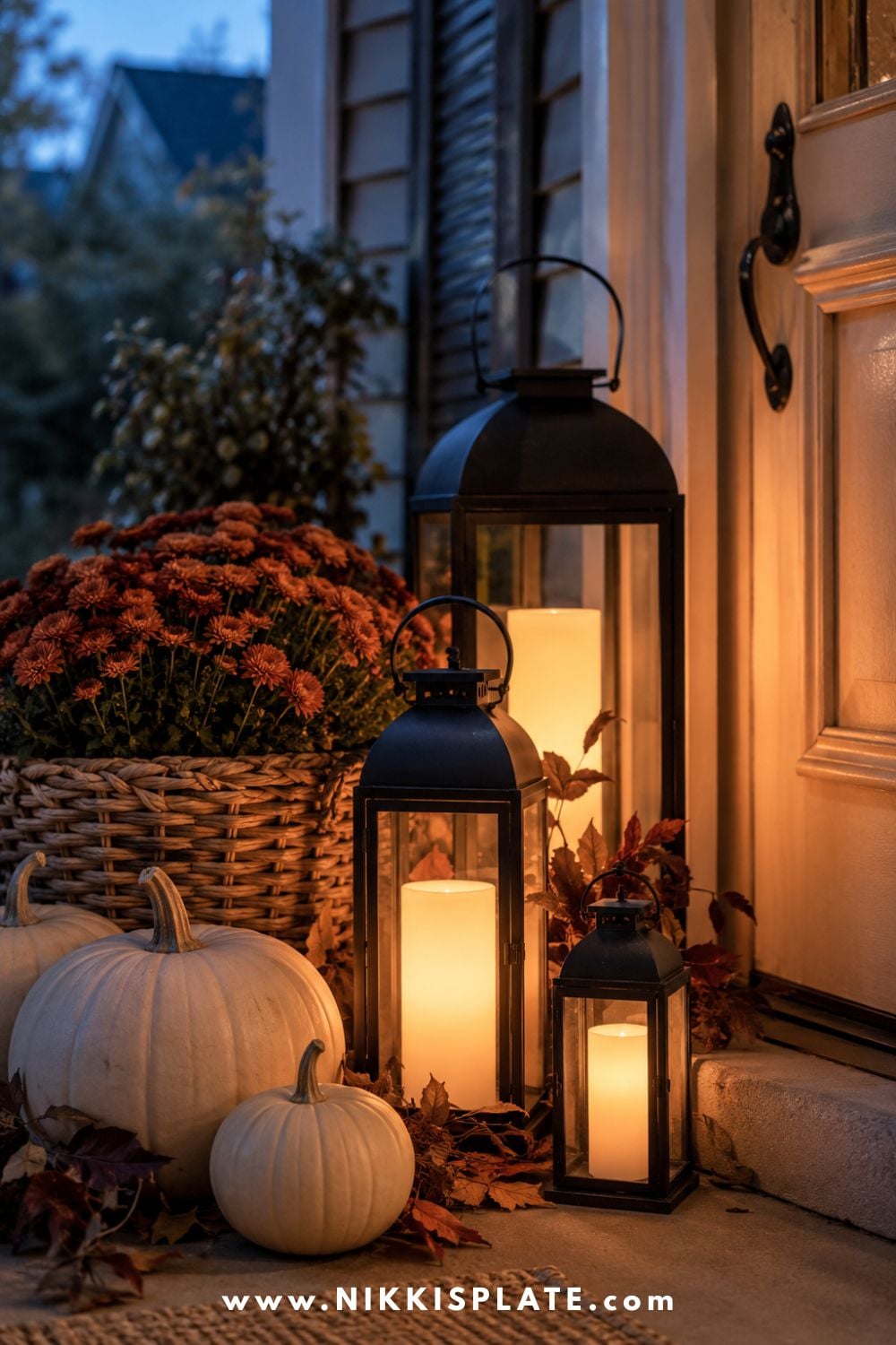 Black lanterns with warm LED candles styled beside cream pumpkins and rust mums on a fall front porch at dusk.