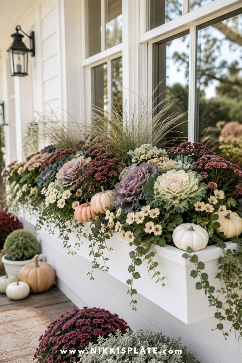 Fall window box filled with ornamental cabbage, cream pansies, burgundy mums, grasses and miniature pumpkins.