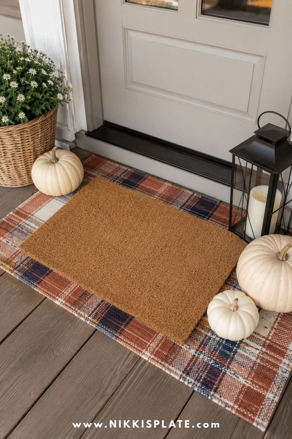 Fall porch entry with a natural coir doormat layered over a cream, rust and navy plaid outdoor rug.