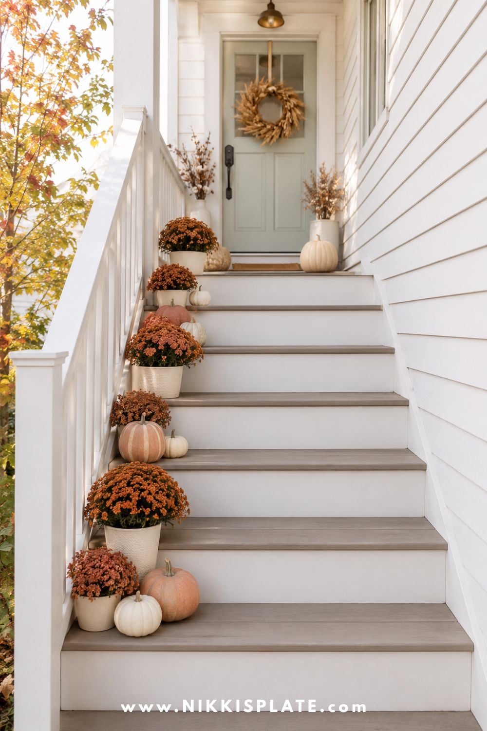 Narrow front steps decorated along one side with pumpkins, mini planters and rust-colored mums.