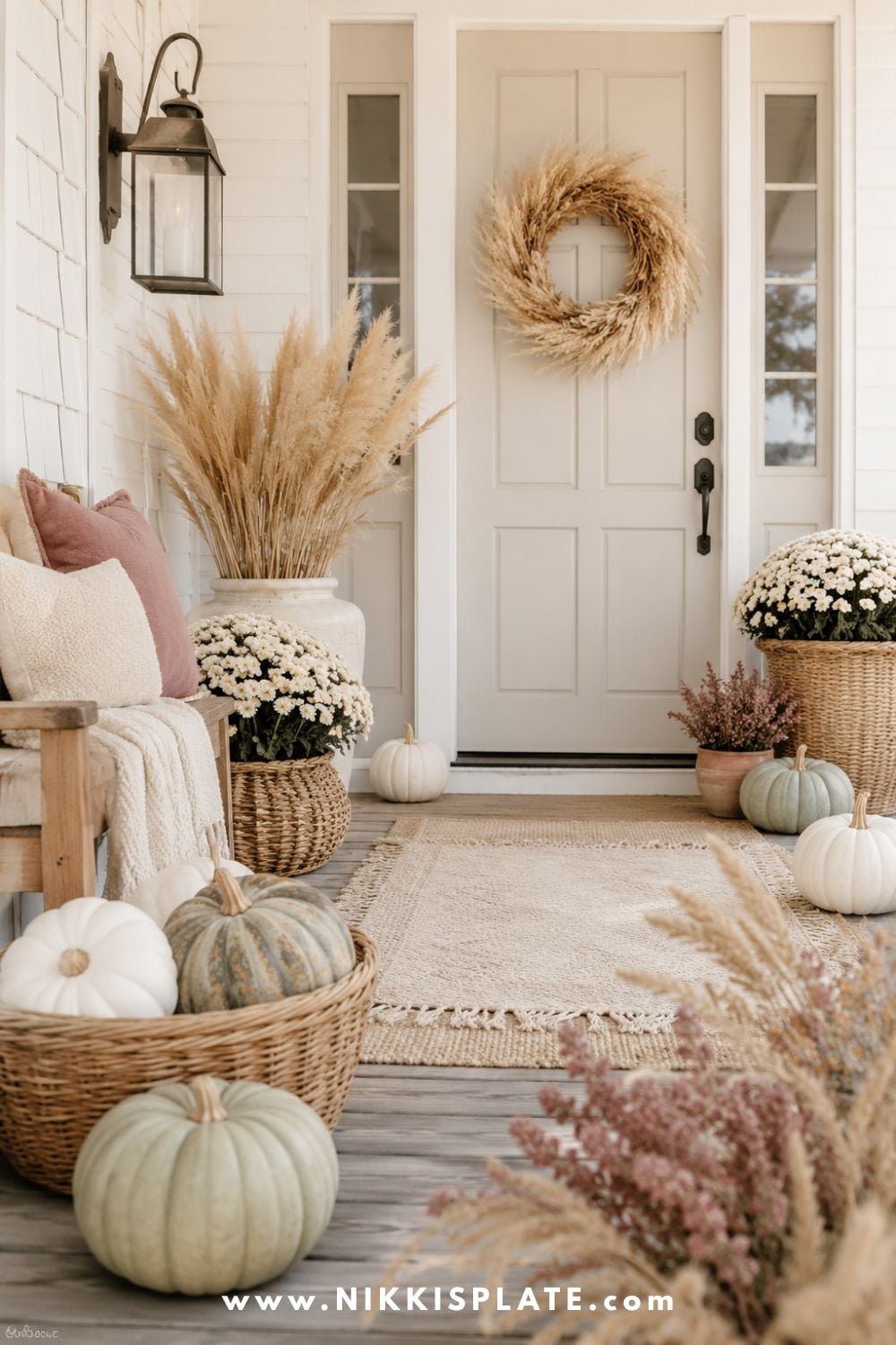 Neutral fall front porch decorated with white pumpkins, pale green gourds, cream mums, baskets and dried grasses.