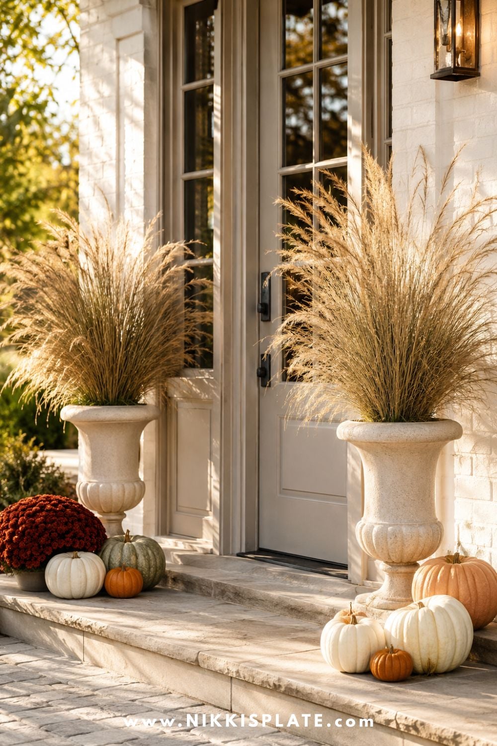 Tall cream planters filled with ornamental grasses framing a fall front door with pumpkins and burgundy mums.