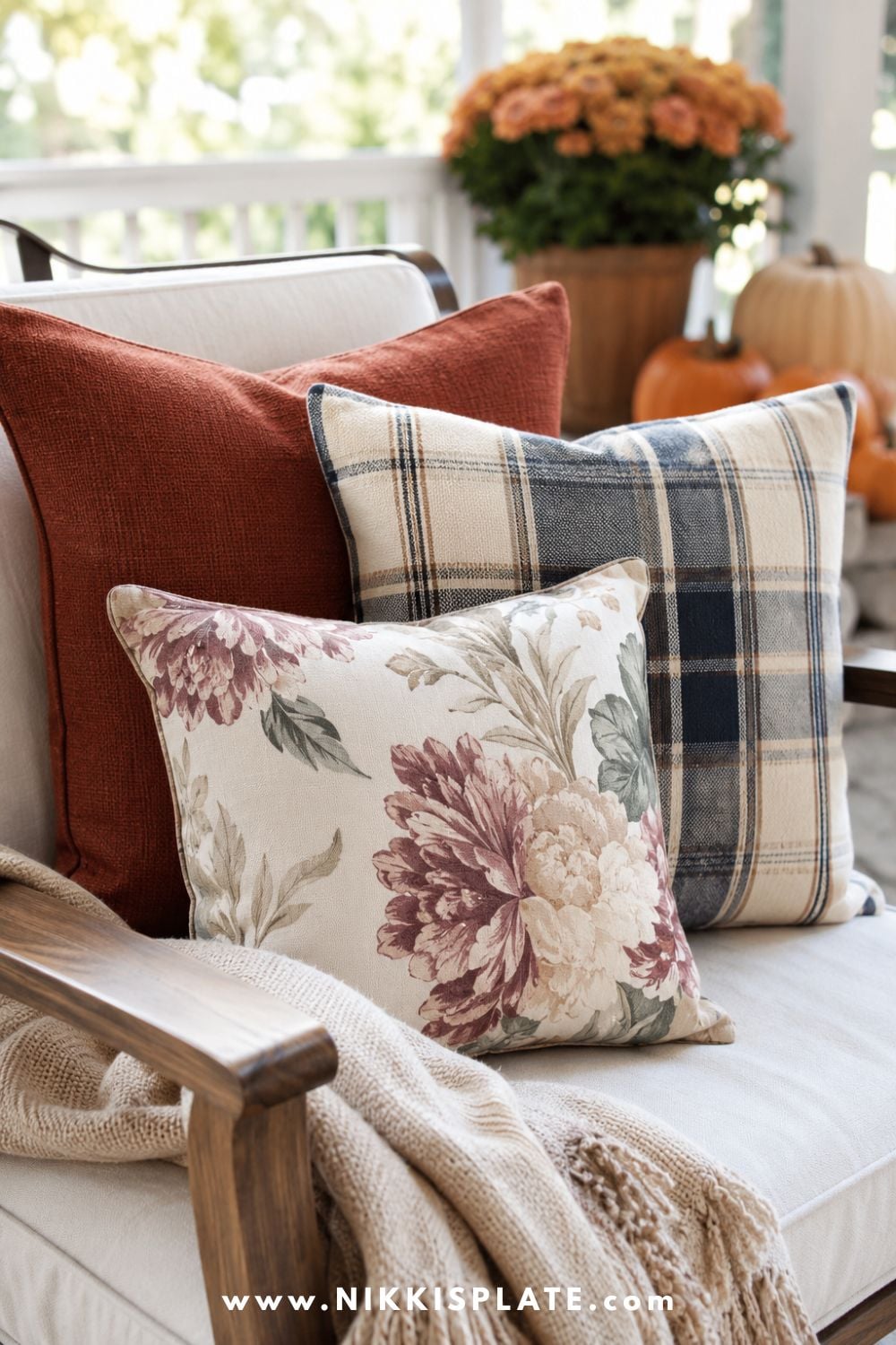 Covered porch chair decorated with rust, cream, navy and soft floral outdoor pillows for fall.
