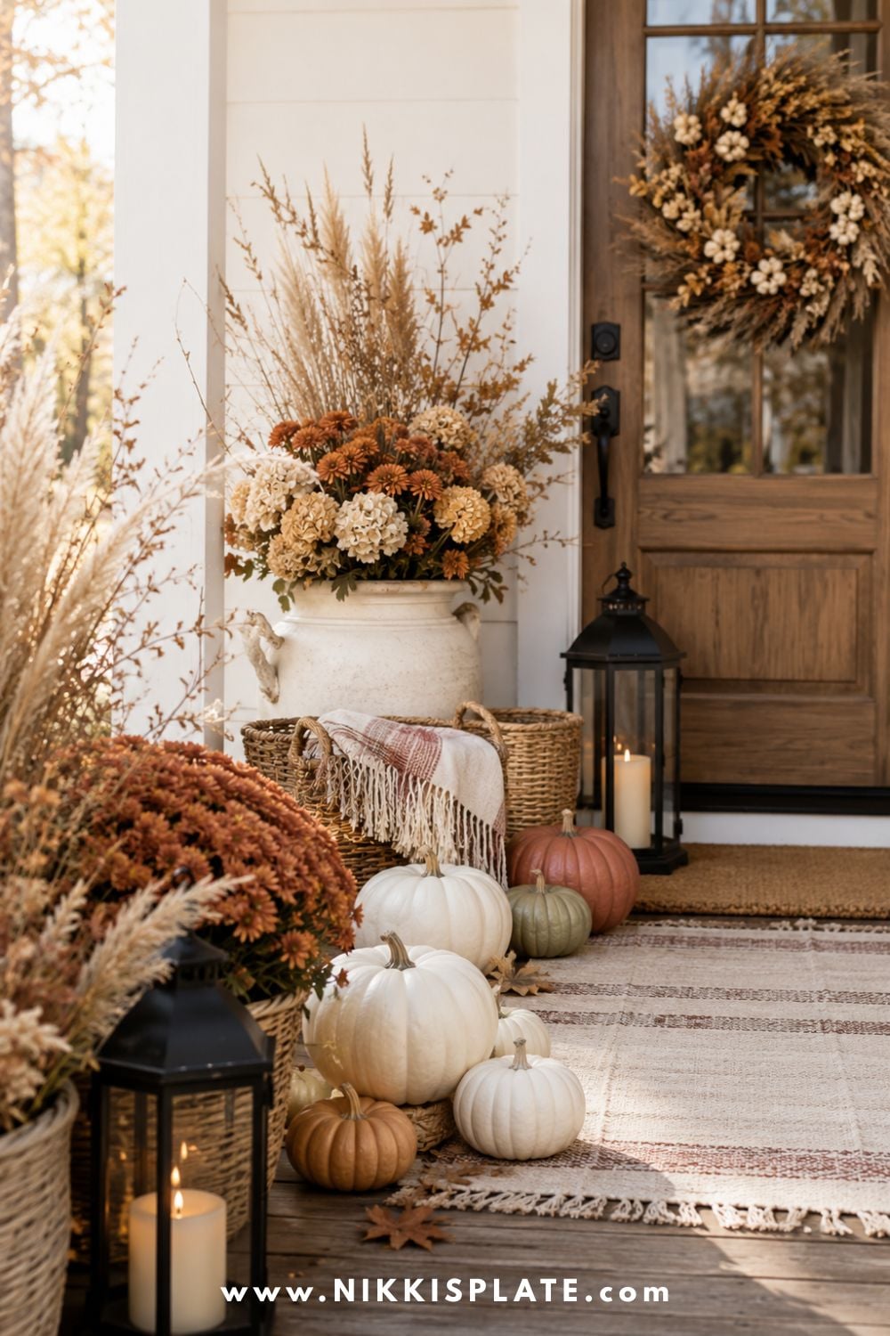 Fall porch styled with realistic faux pumpkins, a dried wreath, black lanterns and fresh burgundy mums.