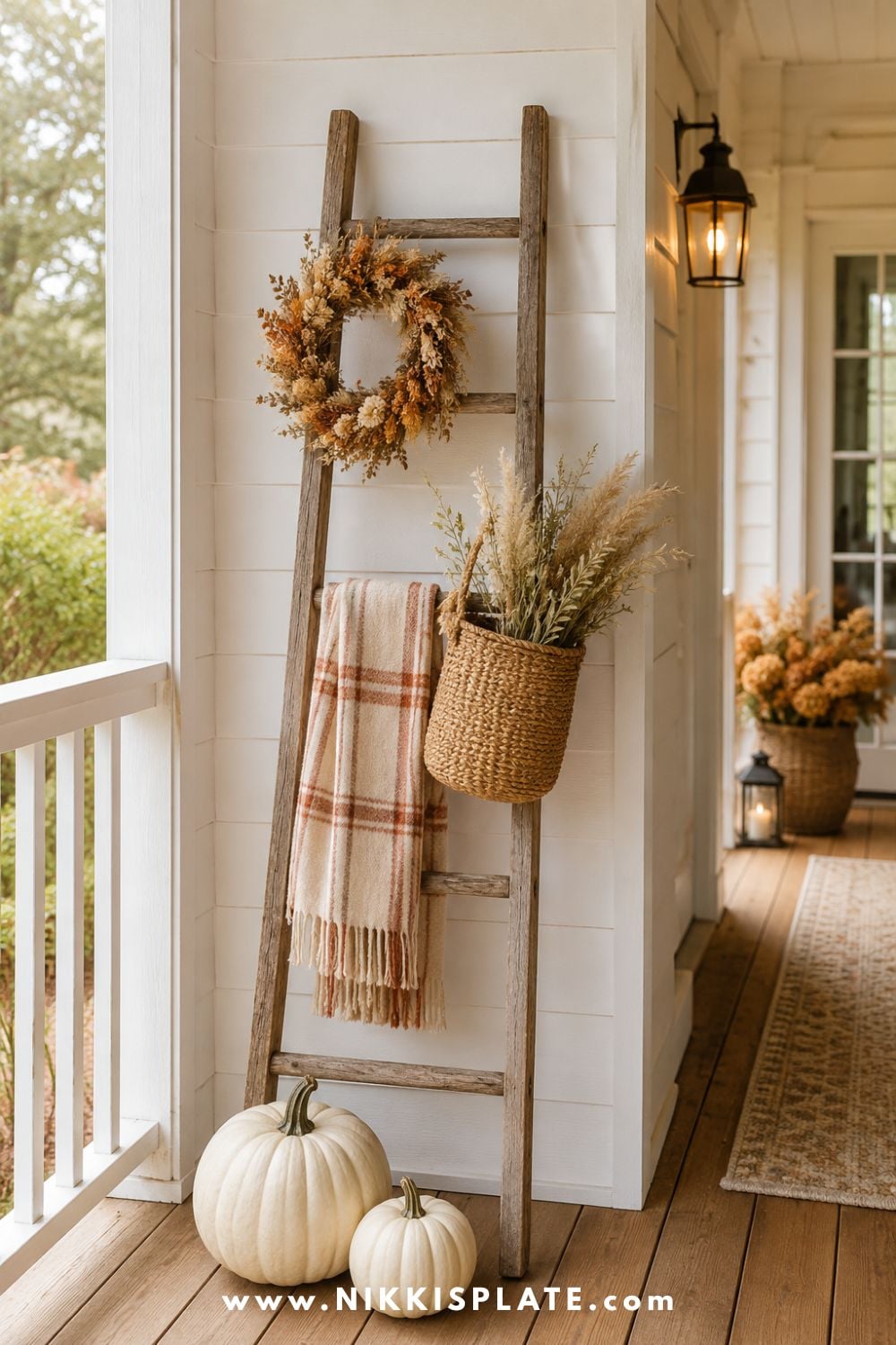 Wooden ladder styled with a dried fall wreath, plaid throw, woven basket and pale pumpkins on a covered porch.