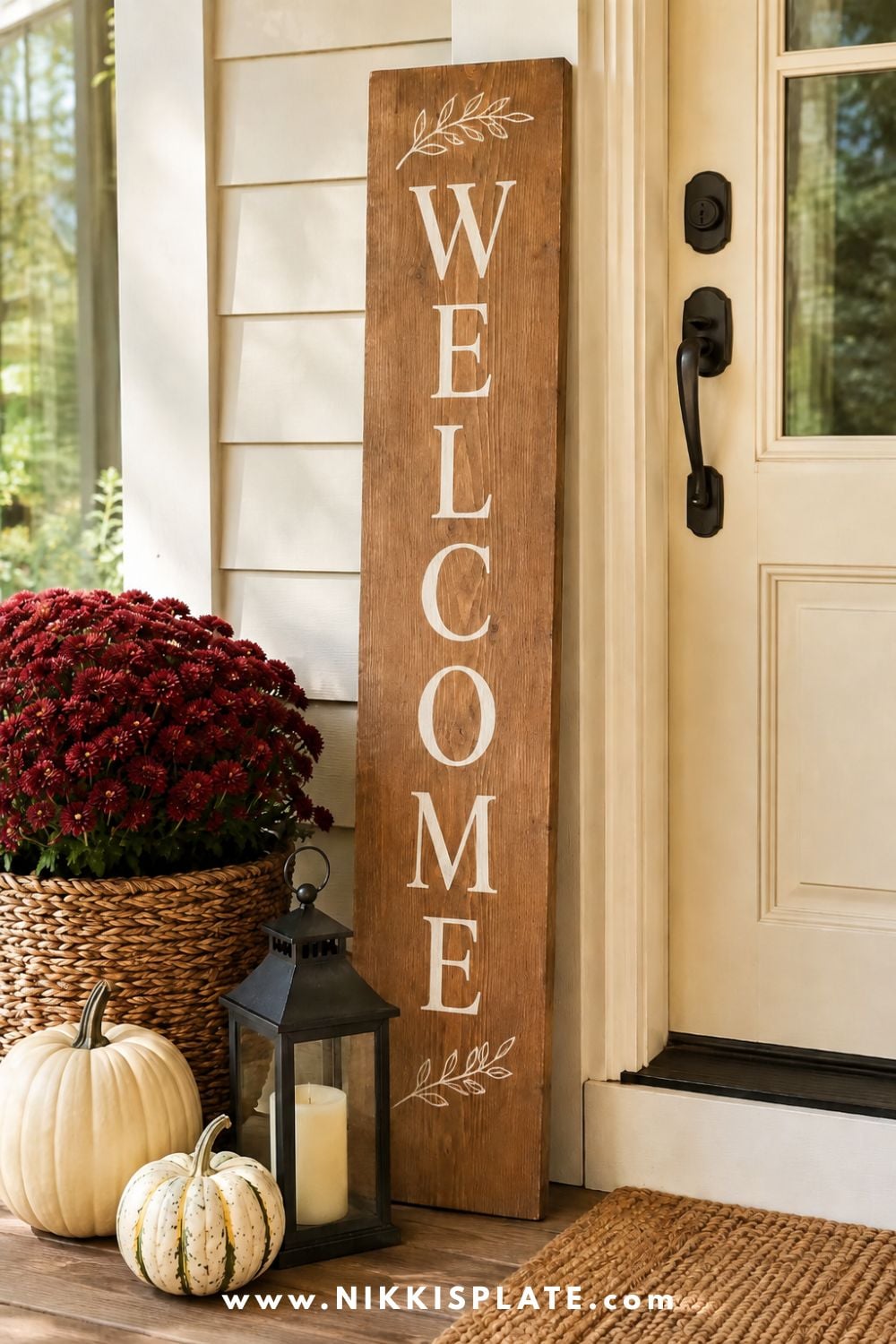 Blank wooden porch sign styled beside cream pumpkins, a woven basket of mums and a black lantern.
