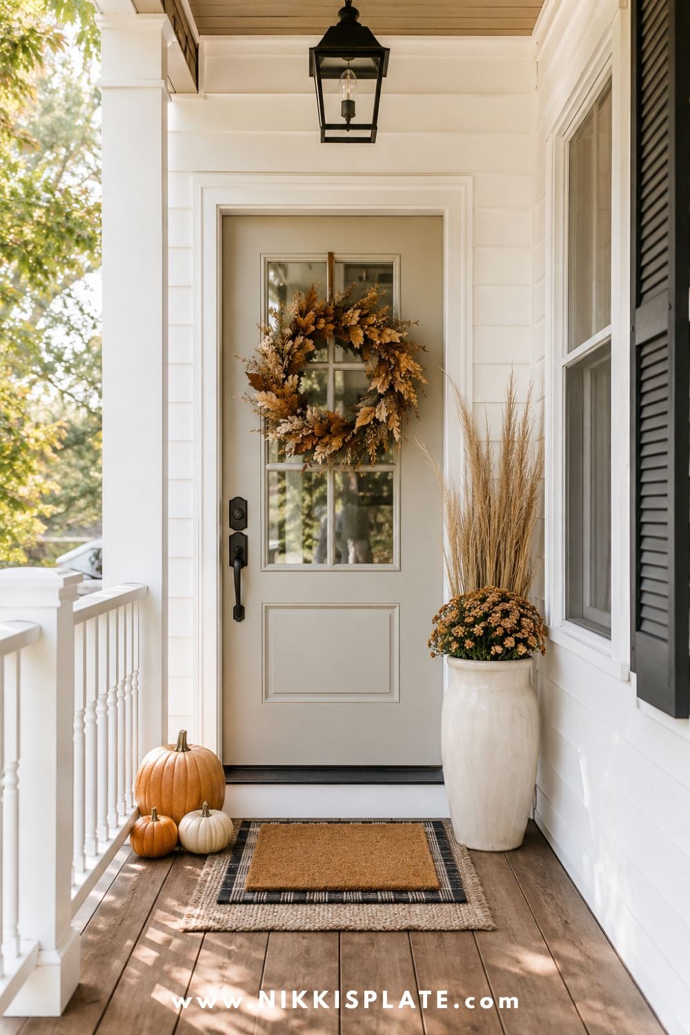 Small fall front porch decorated with a wreath, tall planter, three pumpkins and a layered doormat.