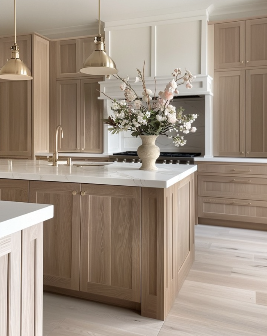 white oak kitchen with wood island, brass lighting, and floral centerpiece