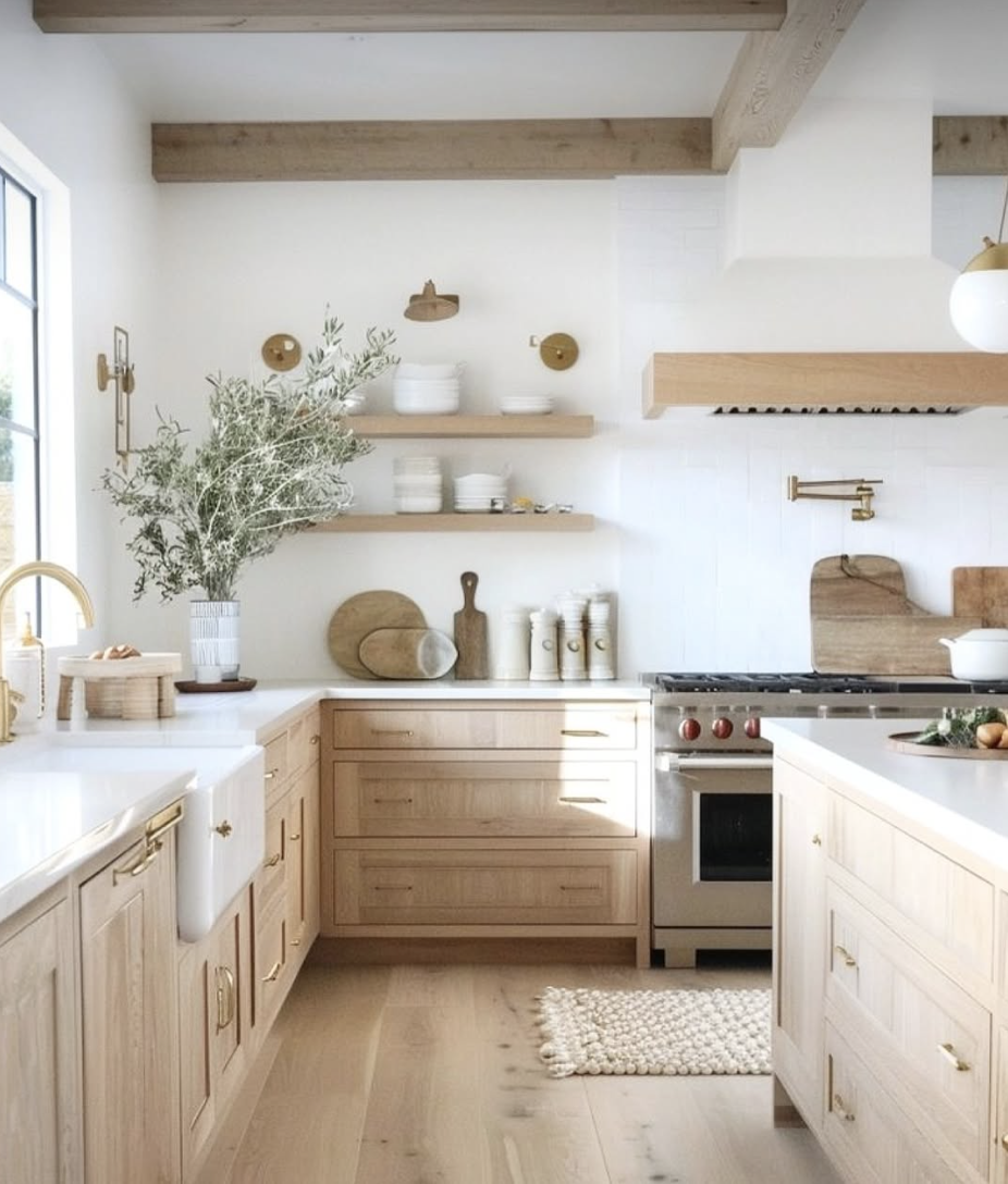 white oak kitchen with open shelving, brass hardware, and light wood cabinets