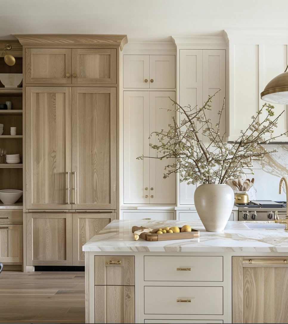 white oak kitchen with two tone cabinets, marble island, and warm wood accents