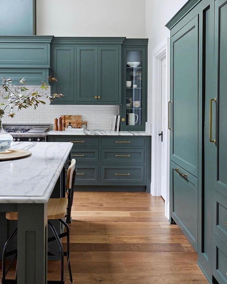 9 Pretty Green Kitchens; green cabinets, marble counters, white walls, pewter green by sherwin williams