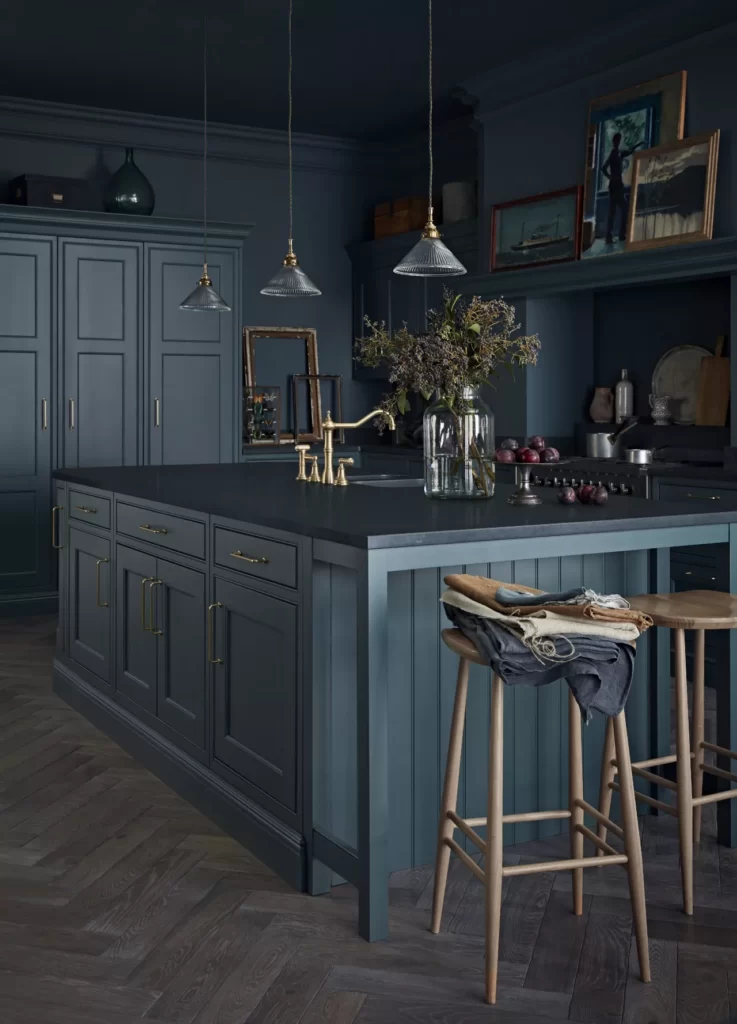 9 Pretty Green Kitchens; moody grey green kitchen cabinets, dark counter tops, large island