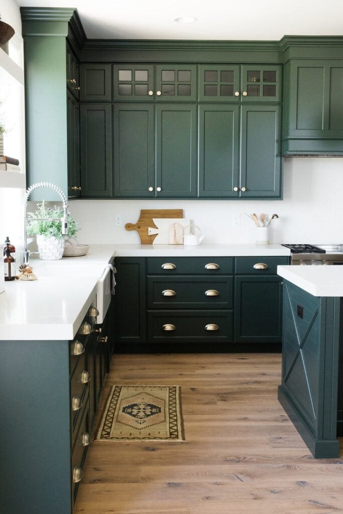 9 Pretty Green Kitchens; green cabinets, marble counters, gold hardware