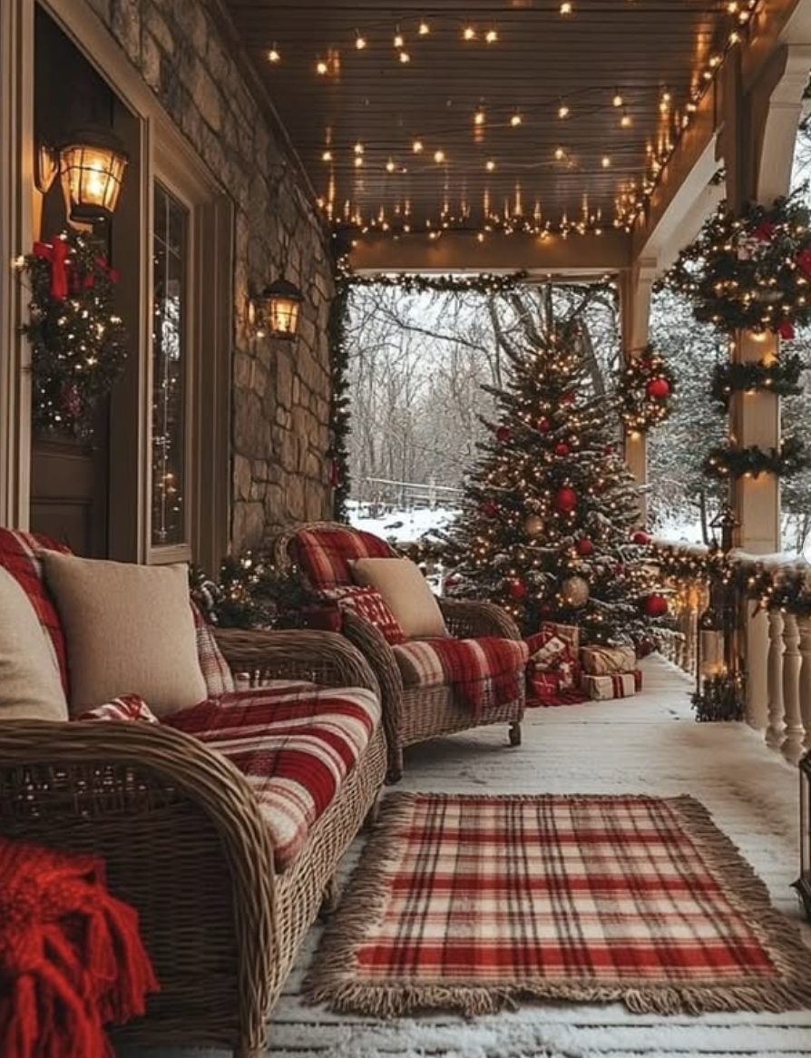 Rustic porch with stone wall, wicker seating, plaid blankets, Christmas tree with red ornaments, garland, and string lights.