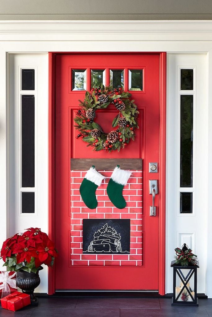 Simple Christmas Front Porch Decor Ideas; unique front door, fireplace front door, unique christmas decor