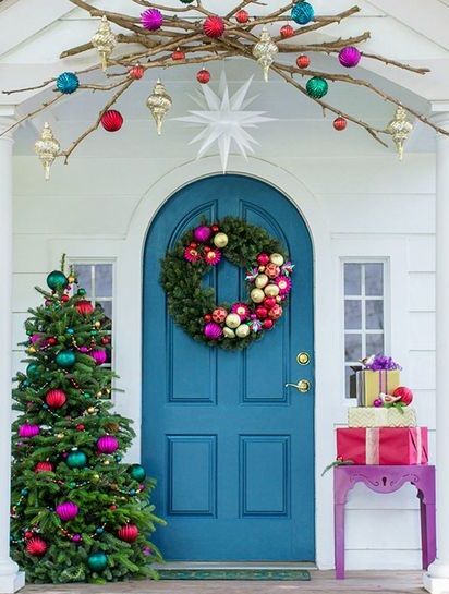 Simple Christmas Front Porch Decor Ideas; colorful, wreath, tree, blue door 